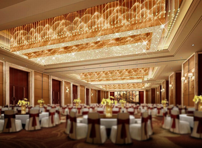 酒店宴会厅大型方形水晶灯吊坠非标工程定制效果图